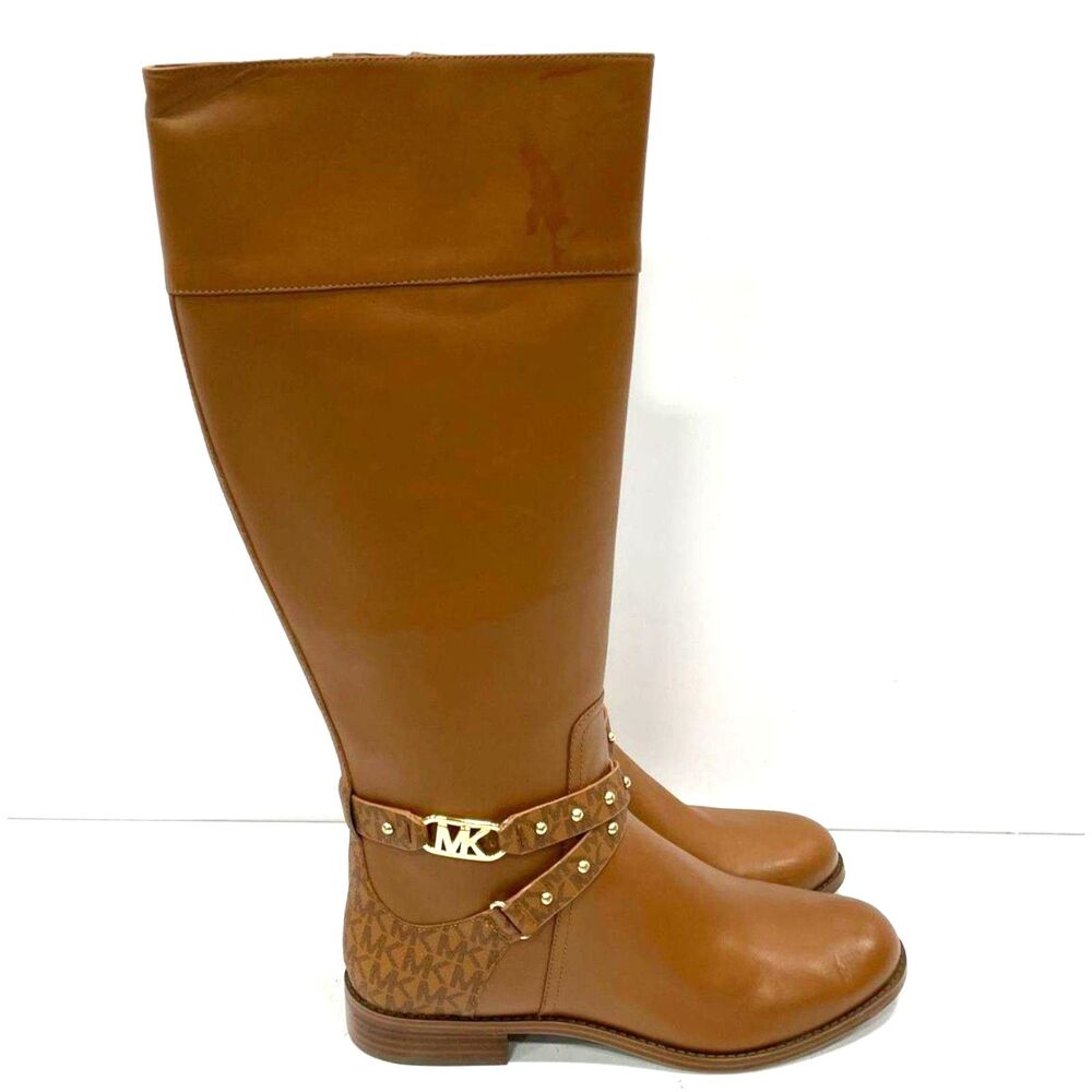"Michael Kors Kincaid in Luggage Brown Leather Monogram Boots Size 10M